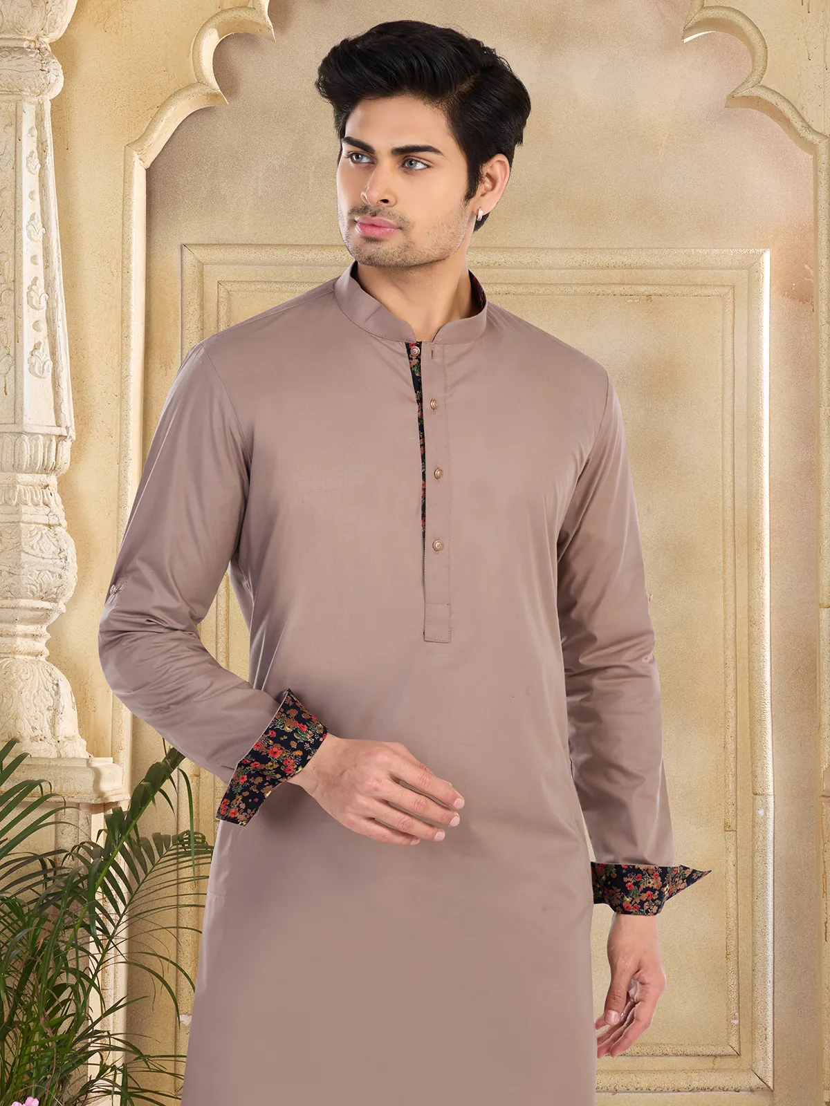 Light brown cotton plain kurta suit