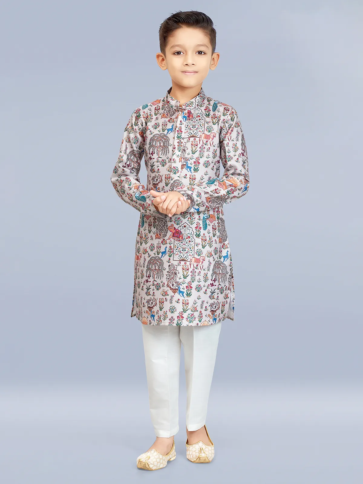 Light brown printed kurta suit for boys