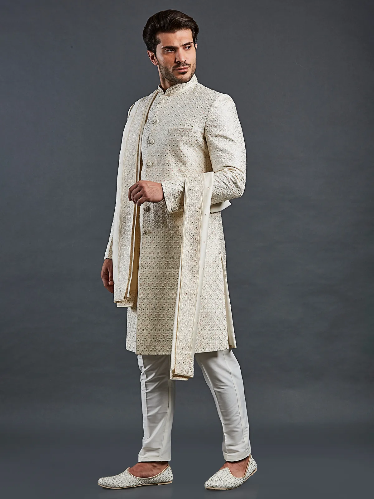 Light cream stylish sherwani for groom