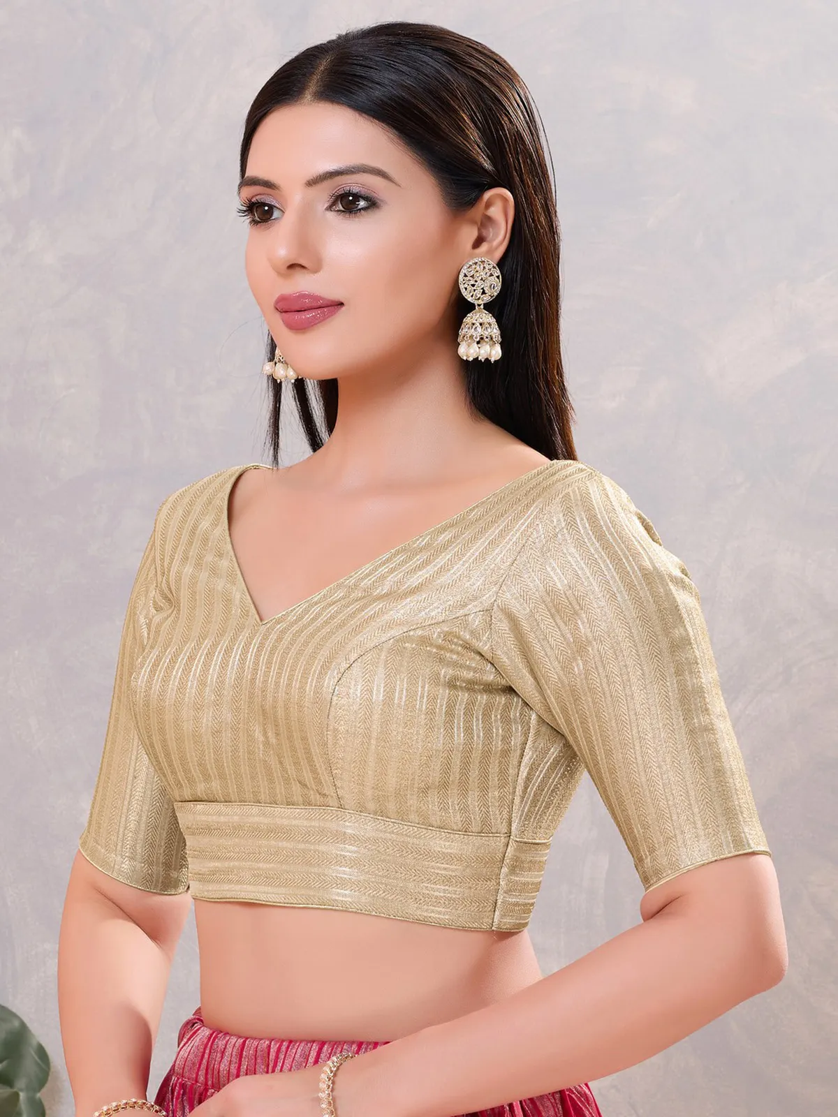 Light gold zari jacquard back open blouse
