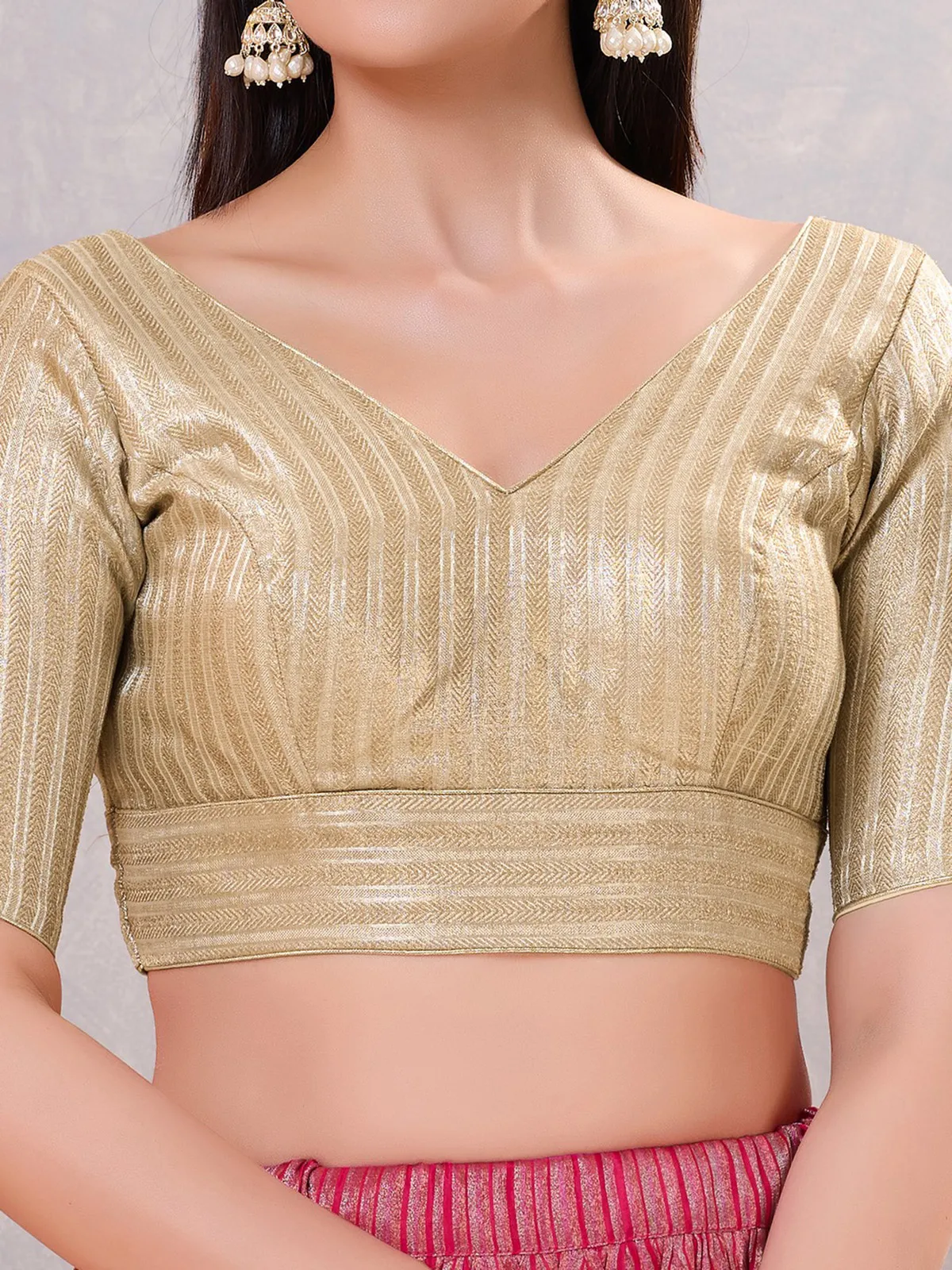 Light gold zari jacquard back open blouse