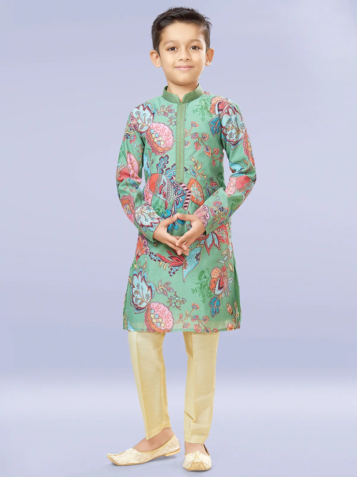 Light green cotton silk festive style kurta set