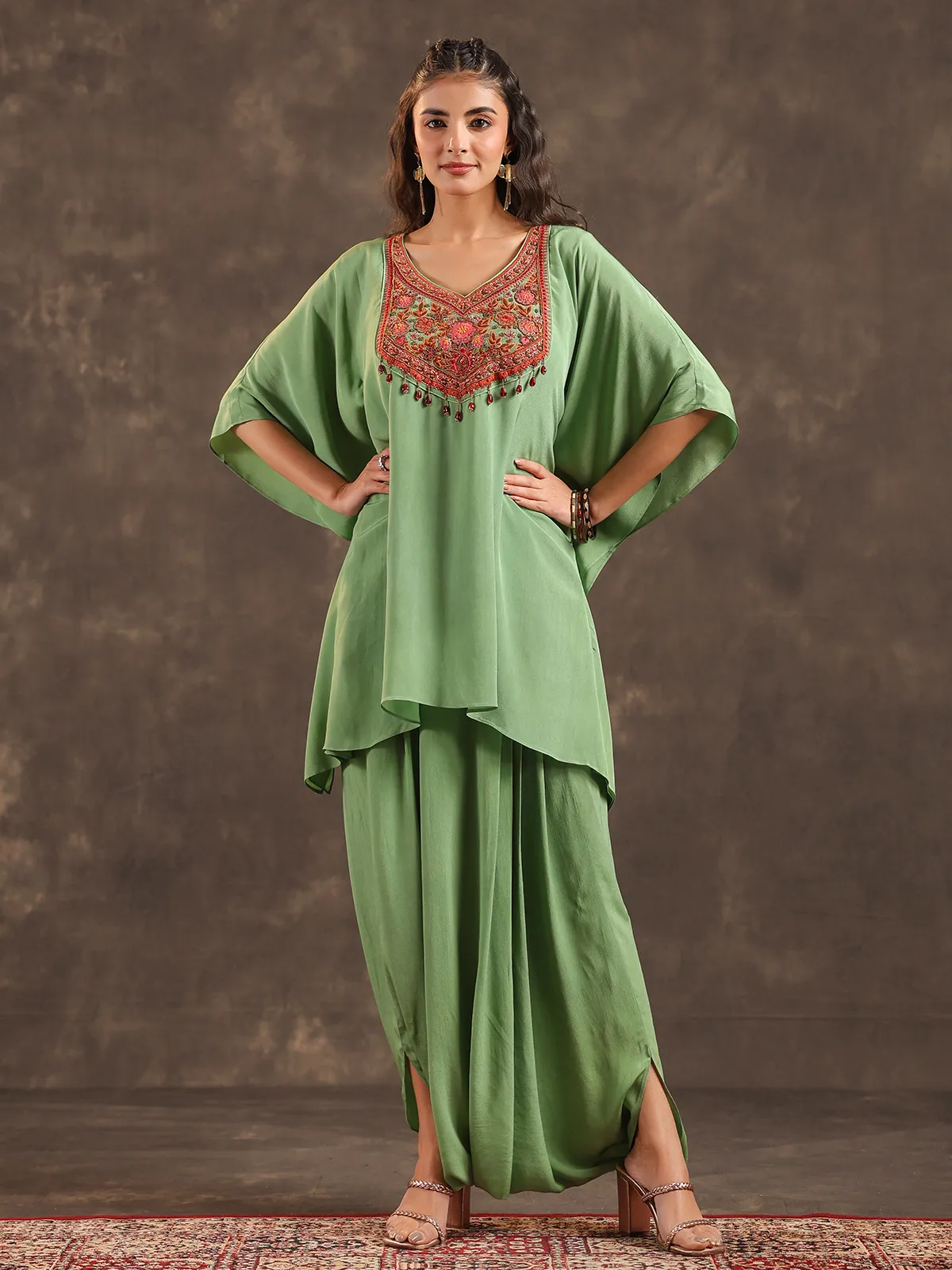 Light green designer kaftan dhoti suit with pearl embellishments