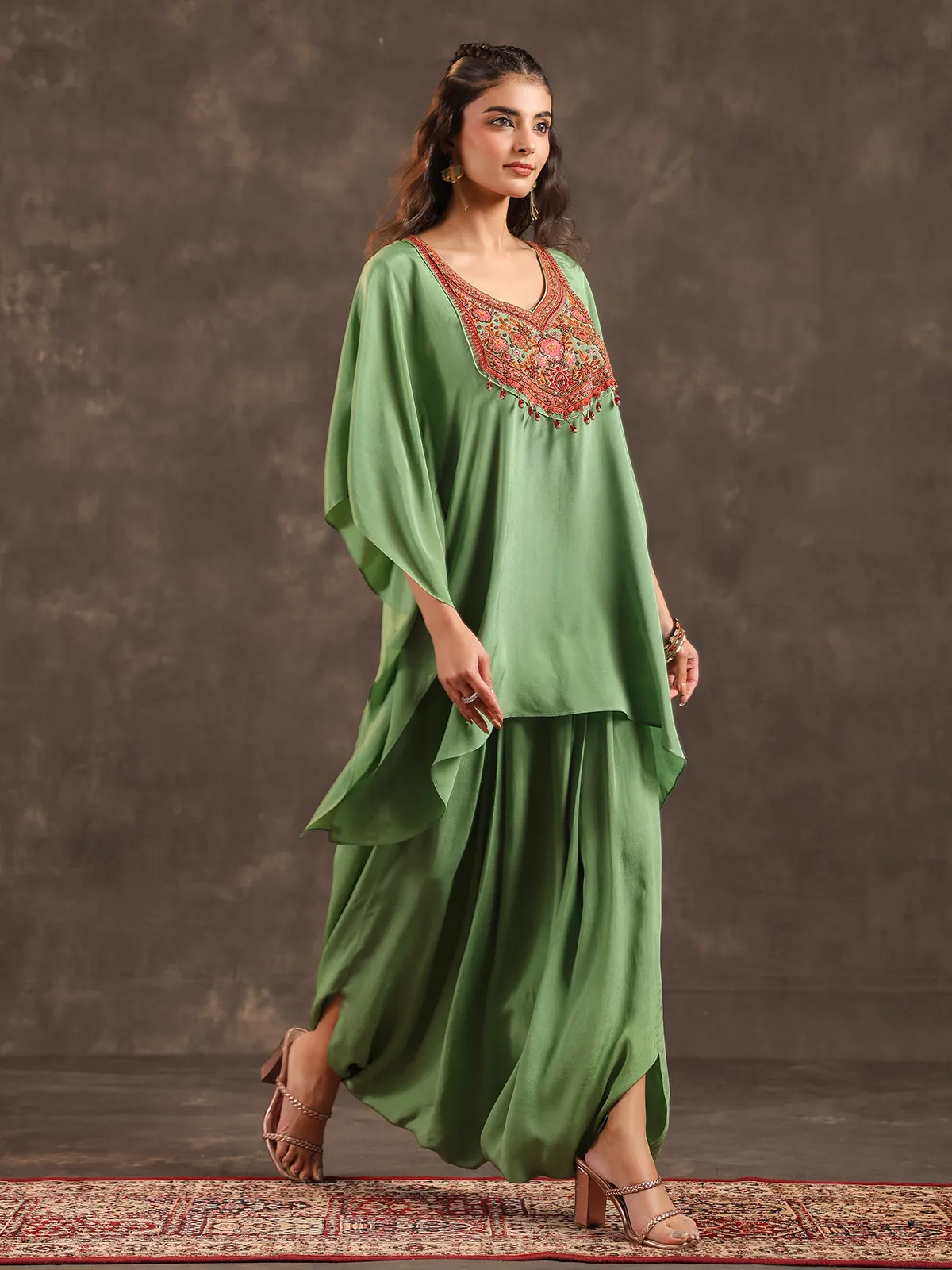 Light green designer kaftan dhoti suit with pearl embellishments