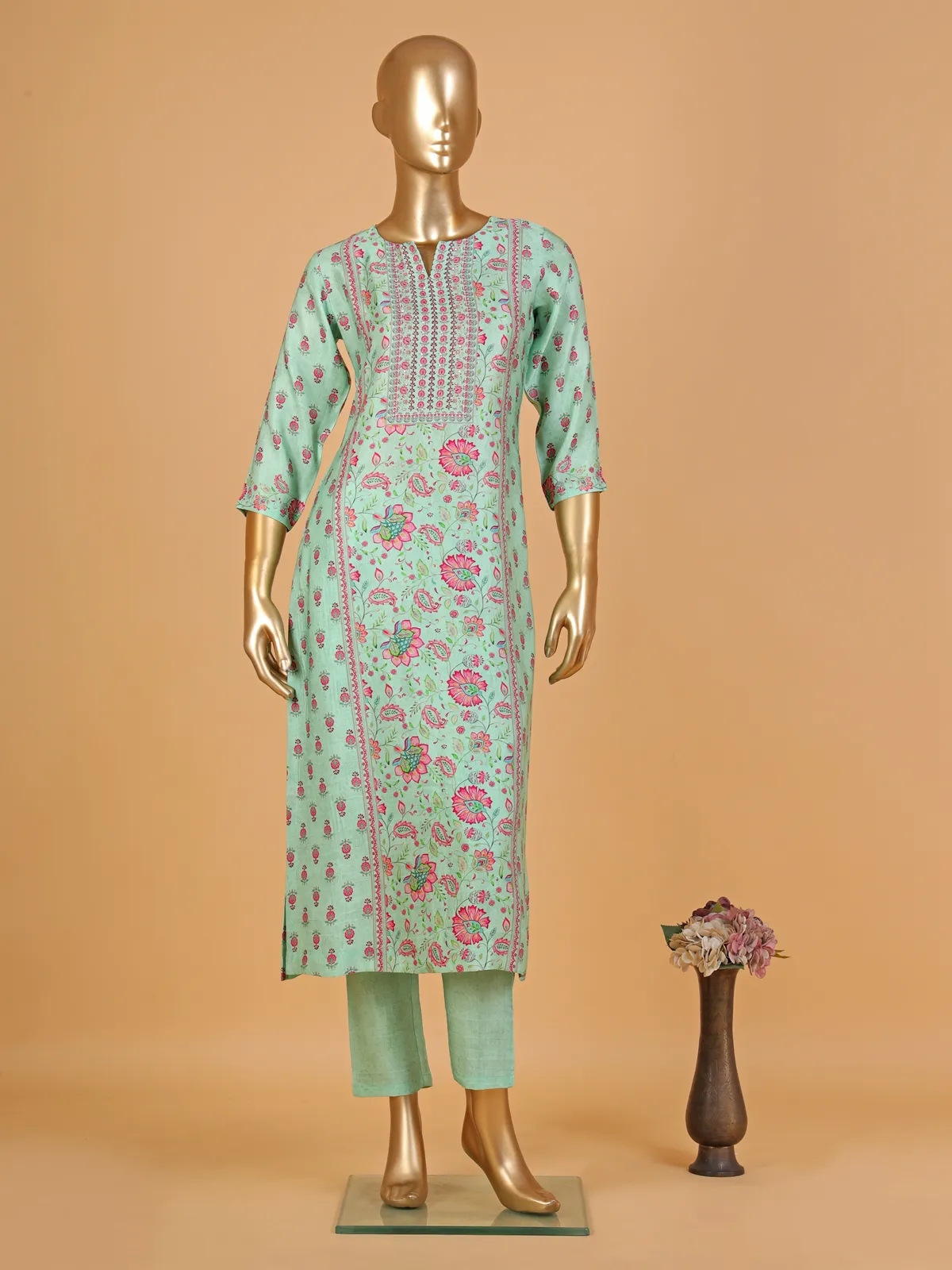 Light green floral printed kurti with pant