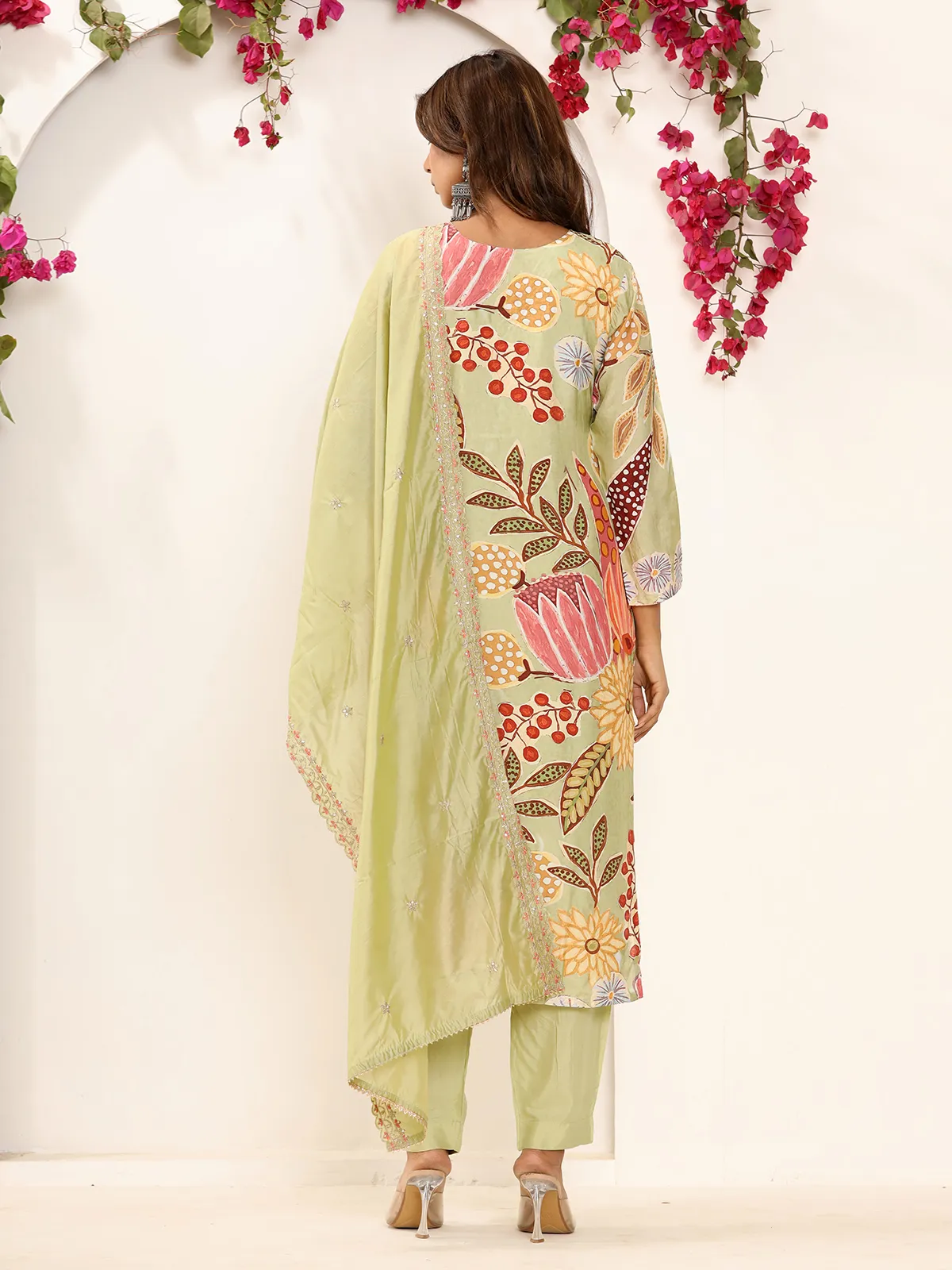 Light green printed kurti set in silk