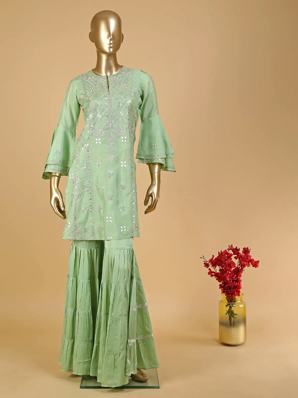 Light green silk sharara suit