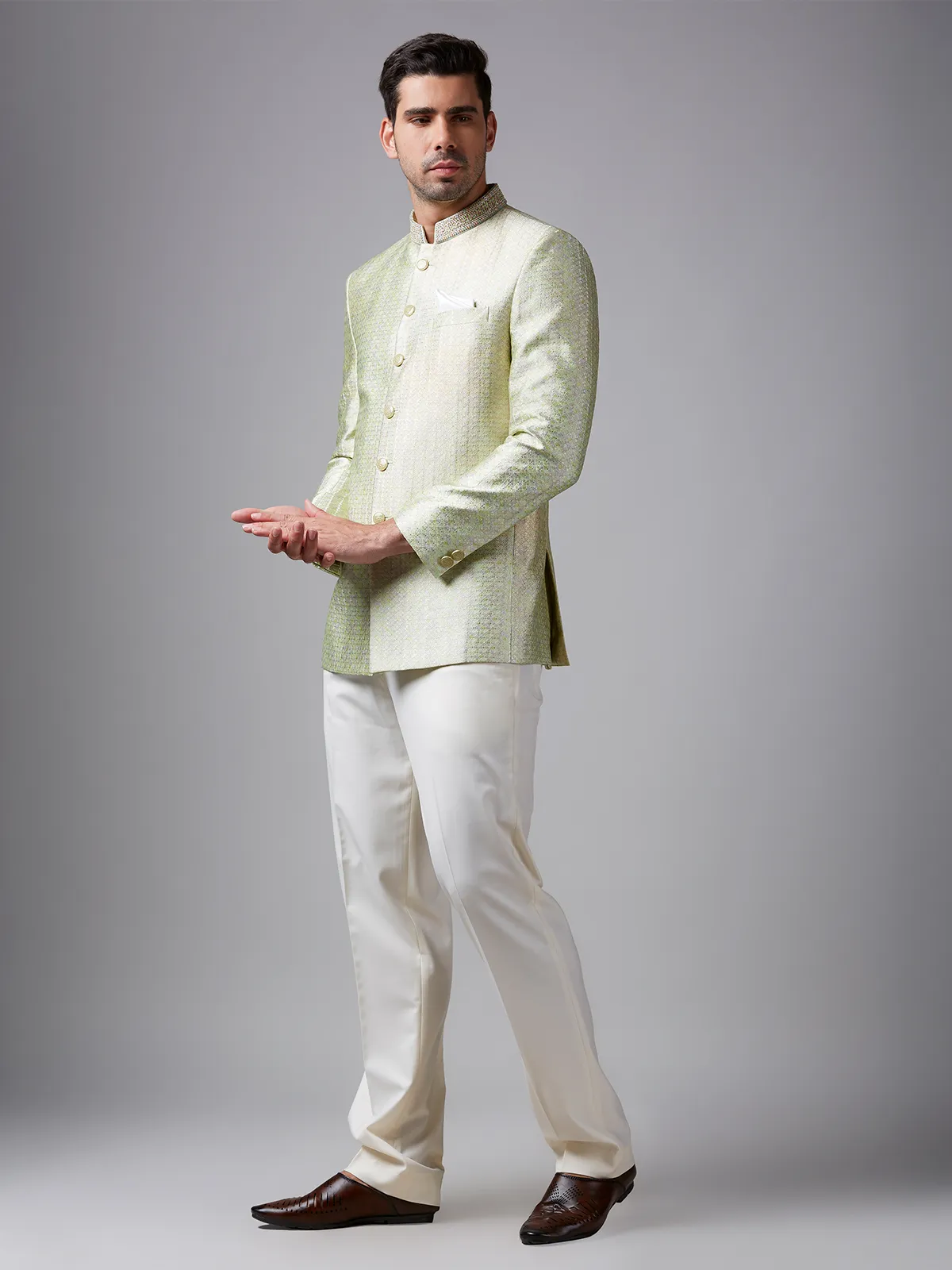 Light green texture silk jodhpuri suit