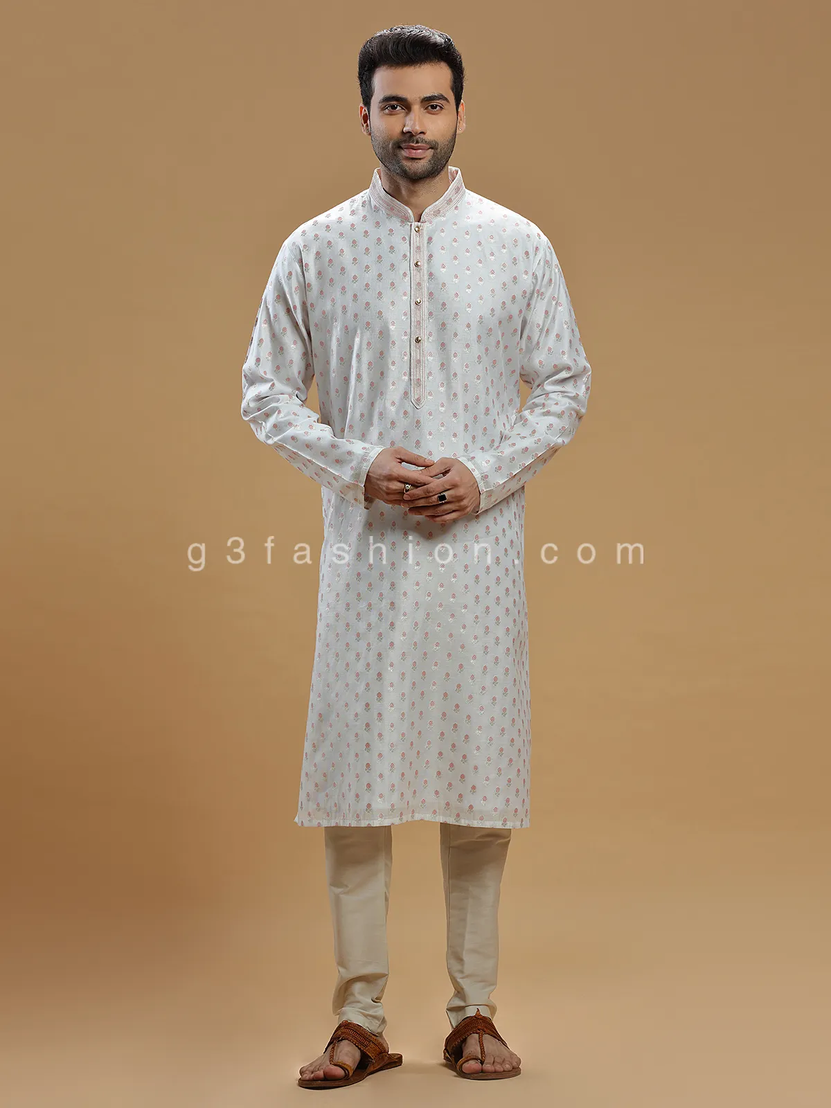 Light grey color festive look silk  Men Kurta pajama