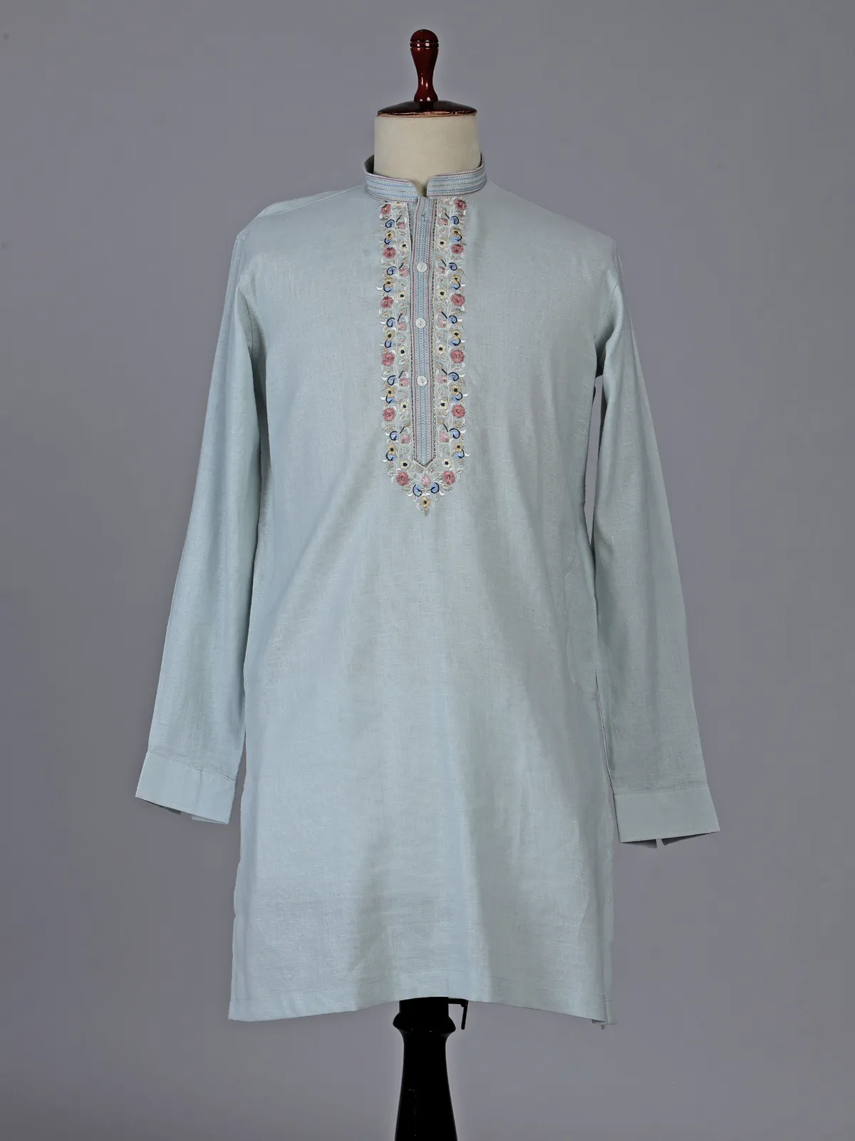 Light grey cotton linen kurta with embroidered yoke