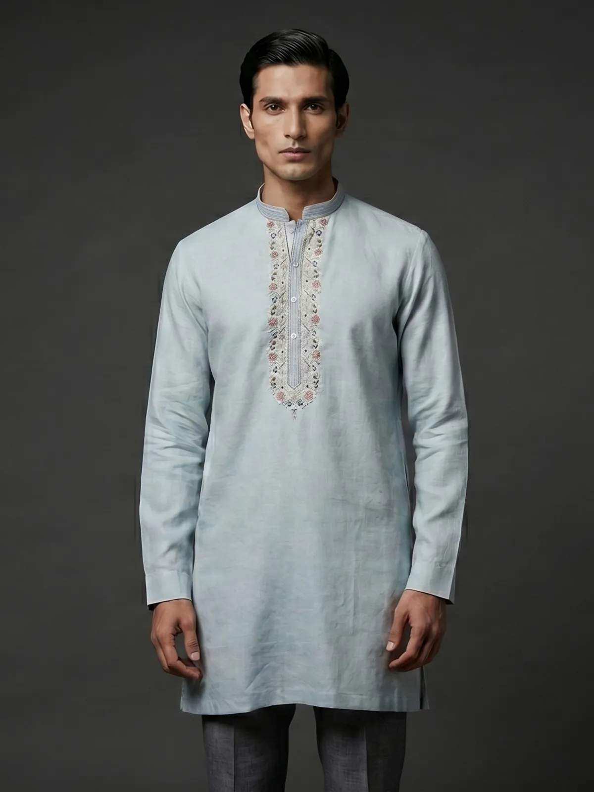 Light grey cotton linen kurta with embroidered yoke