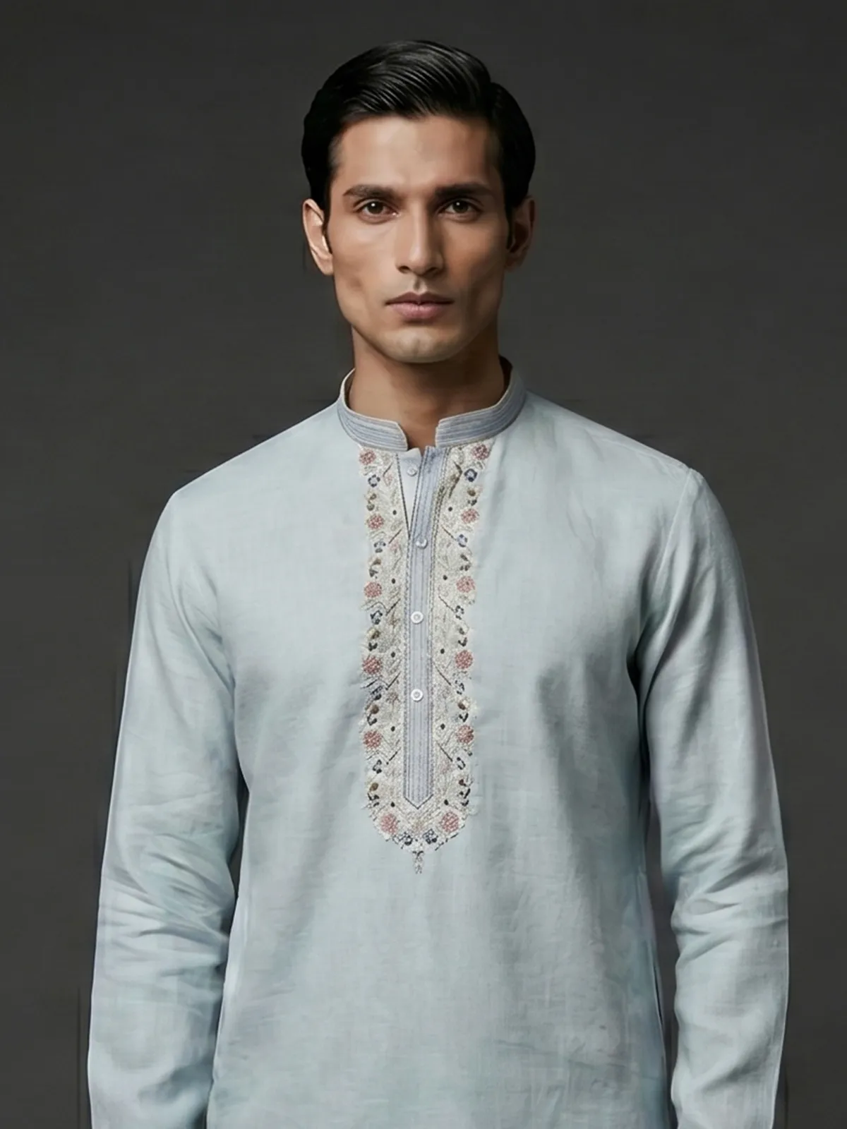 Light grey cotton linen kurta with embroidered yoke