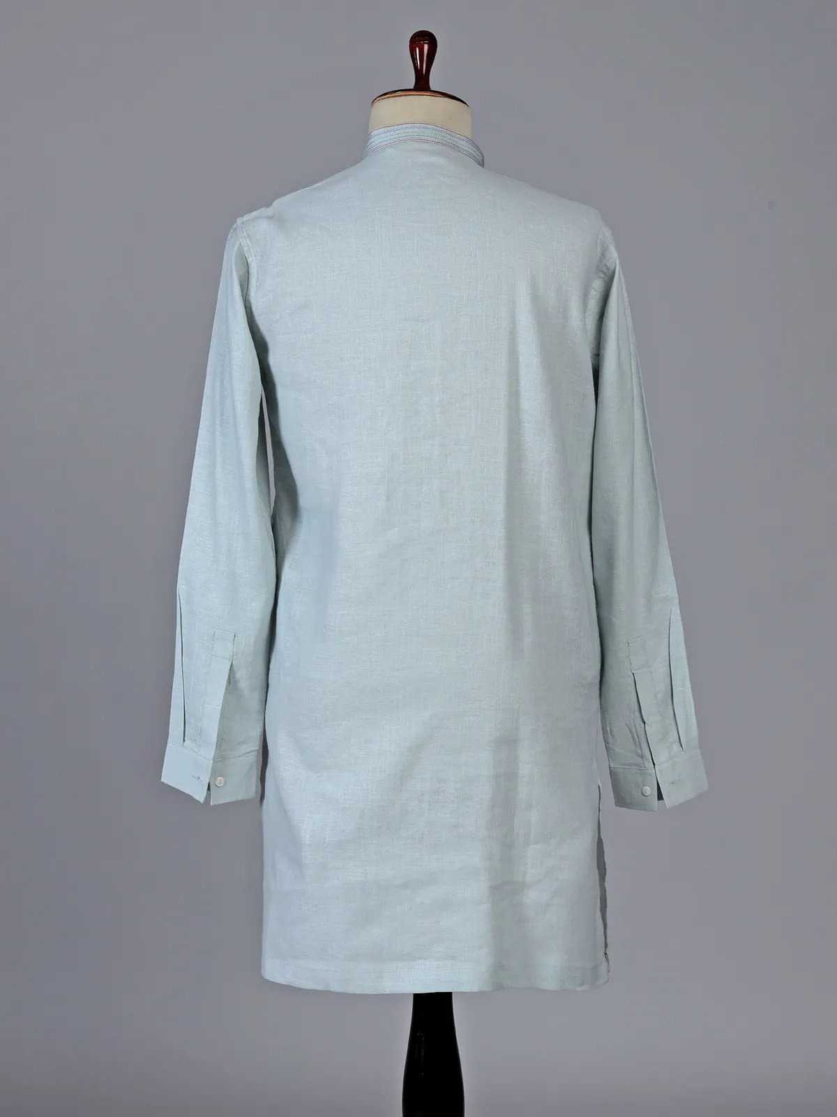 Light grey cotton linen kurta with embroidered yoke