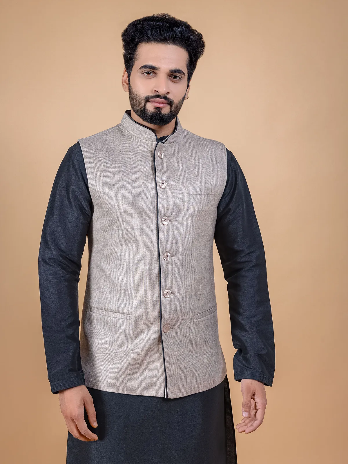 Beige jute silk waistcoat set