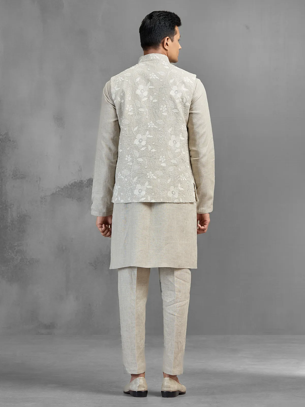 Light grey linen botanical embroidered festive waistcoat set