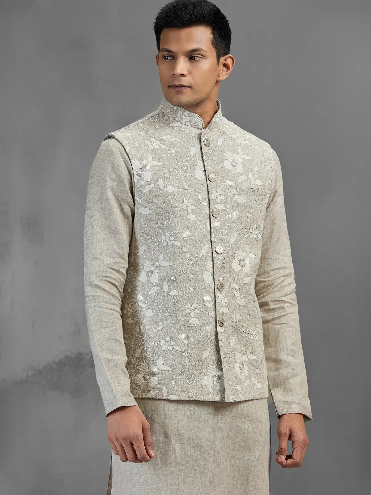 Light grey linen botanical embroidered festive waistcoat set