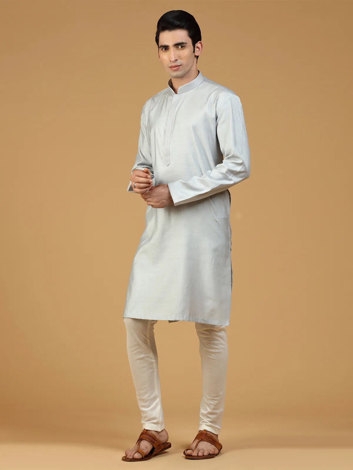 light grey plain festive wear silk kurta suit