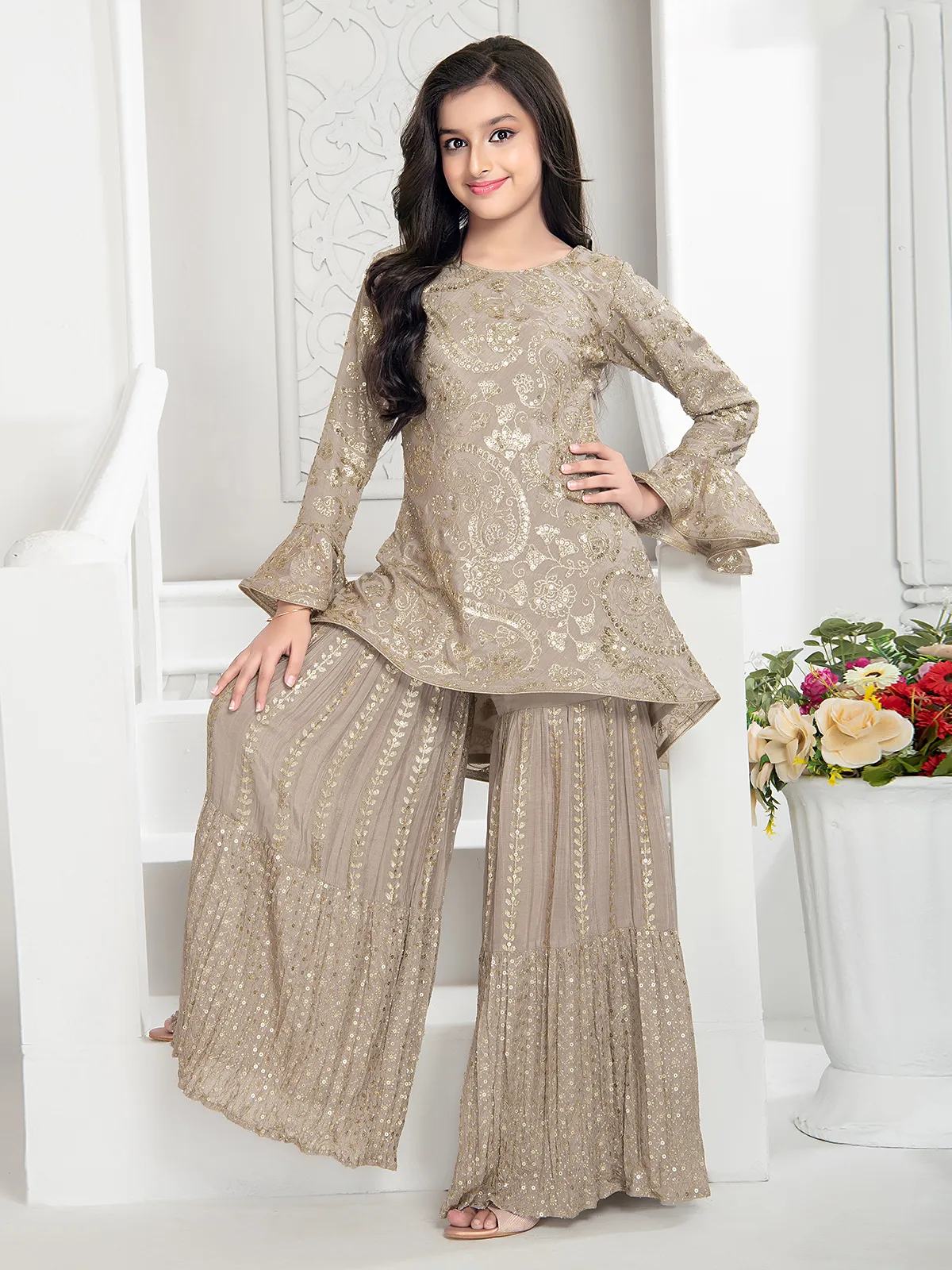 Light grey sharara suit in silk