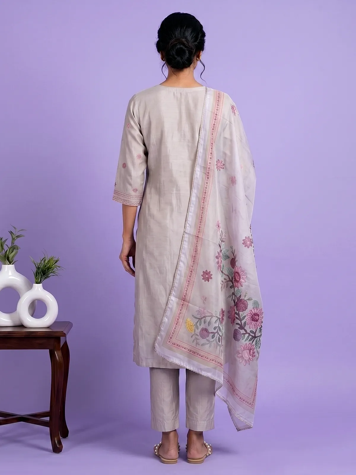 Light grey silk embroidered straight cut kurti set