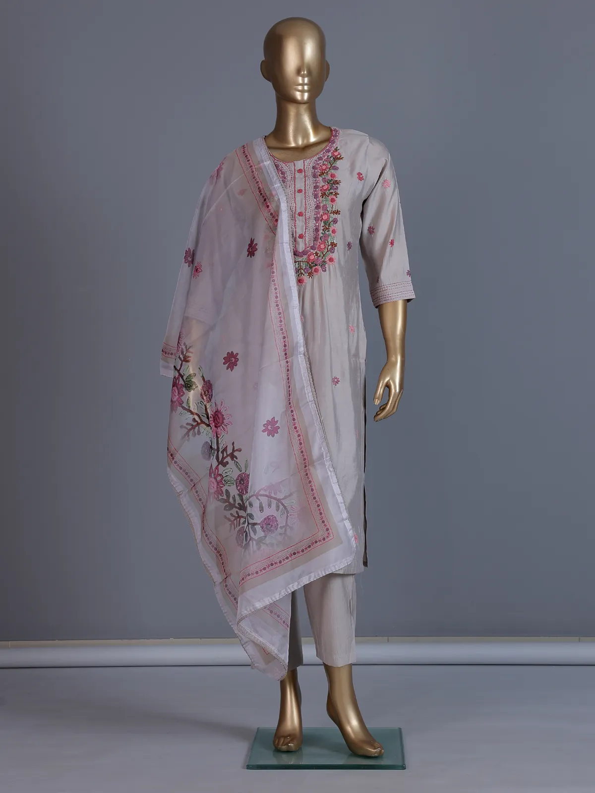 Light grey silk embroidered straight cut kurti set