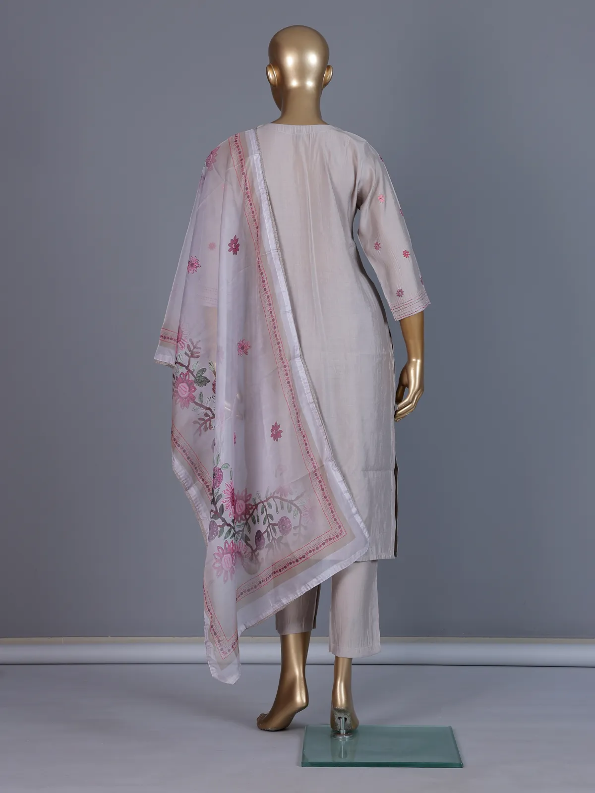 Light grey silk embroidered straight cut kurti set