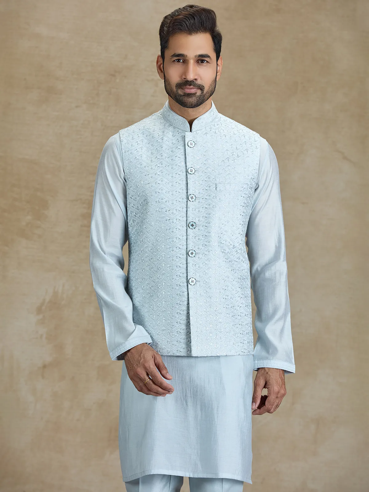 Light grey silk embroidered weaving waistcoat set