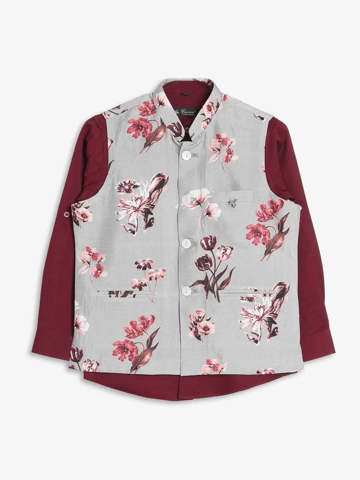 Light grey silk floral printed waistcoat with shirt