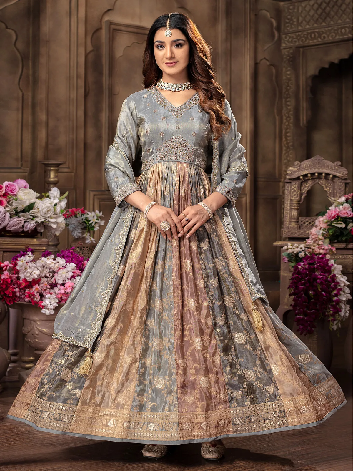 Light grey tissue silk anarkali suit