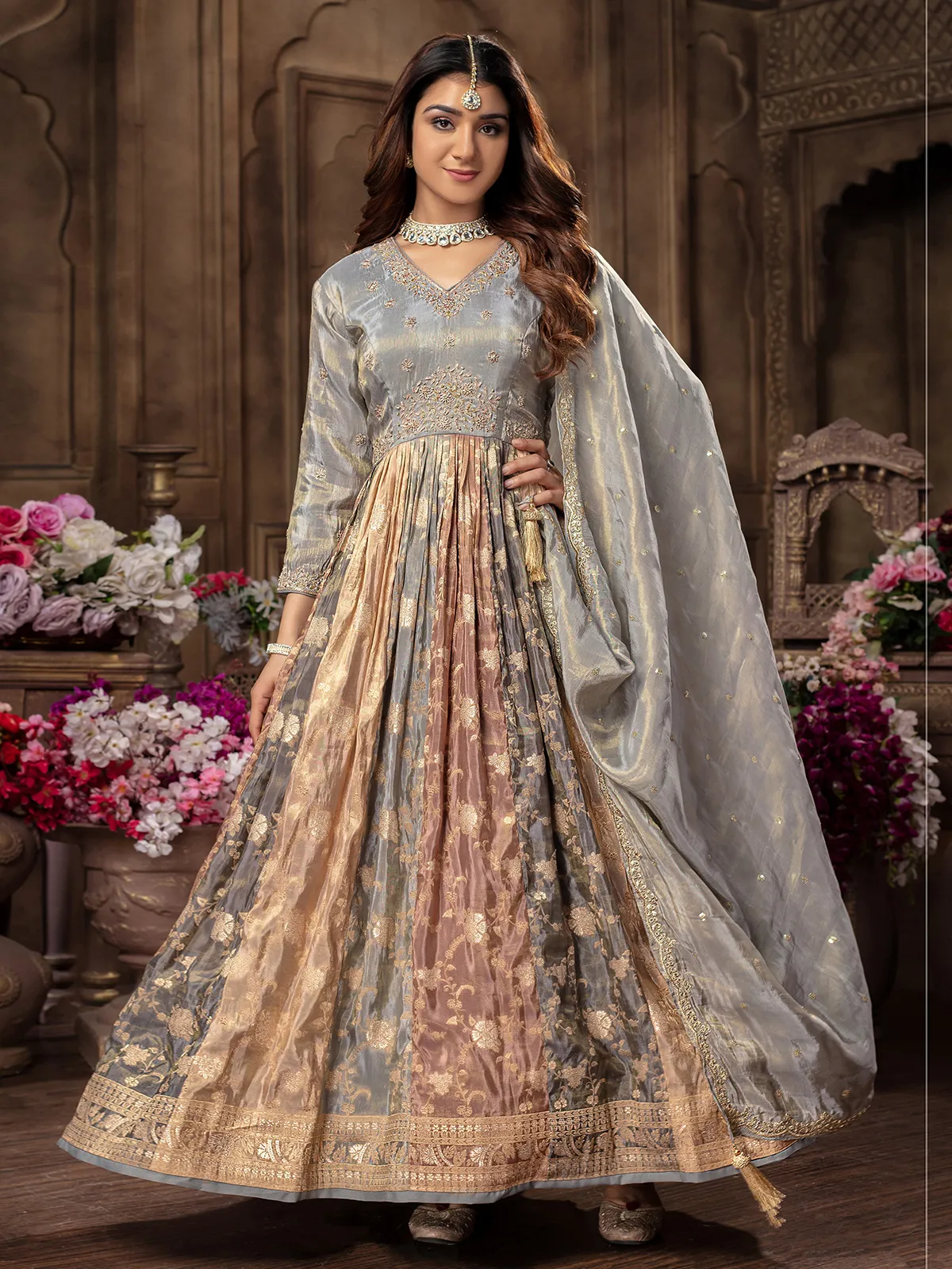 Light grey tissue silk anarkali suit