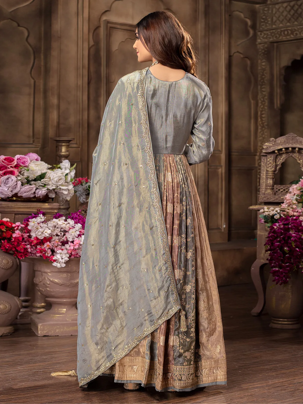 Light grey tissue silk anarkali suit