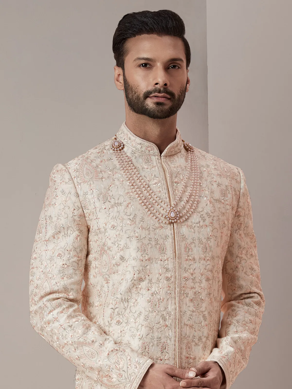 Light peach raw silk groom wear sherwani