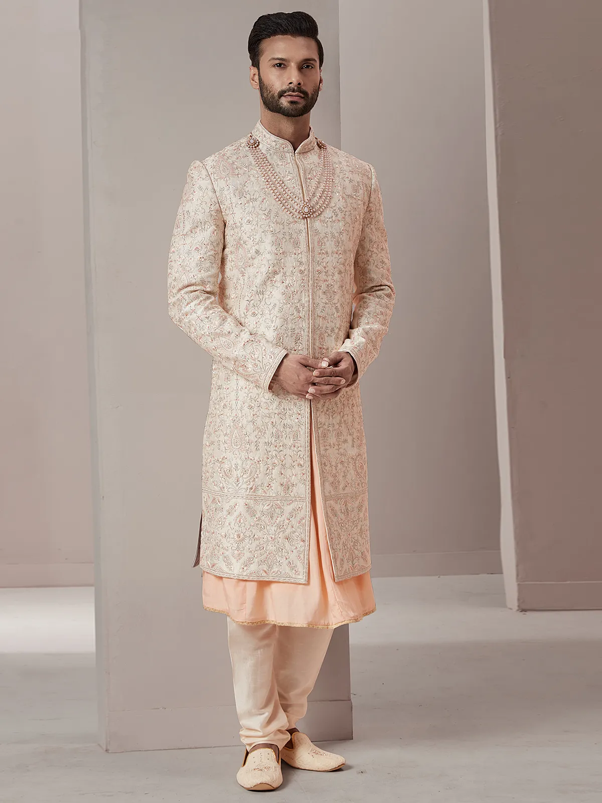 Light peach raw silk groom wear sherwani