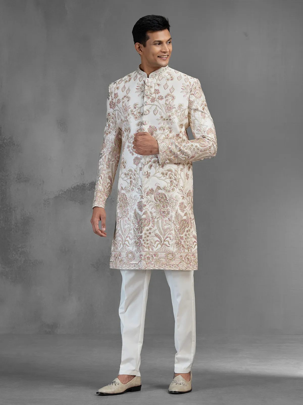 Light peach raw silk sherwani with garden embroidery