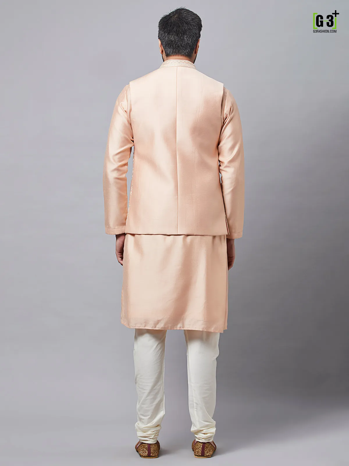 Light peach raw silk waistcoat set for men