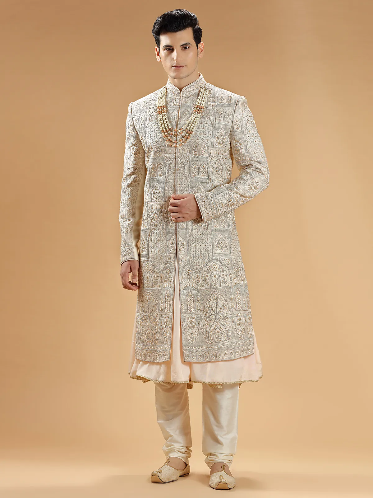 Light peach rich raw silk groom sherwani