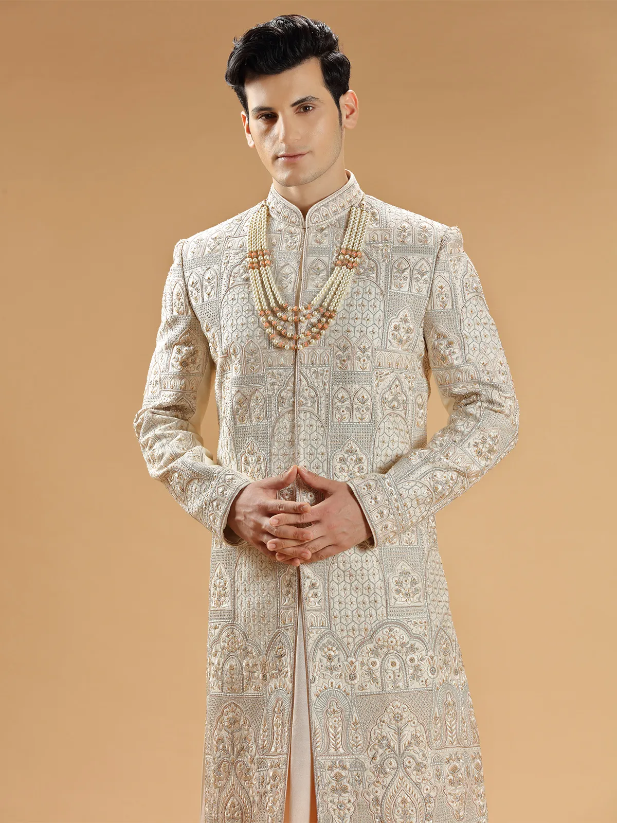 Light peach rich raw silk groom sherwani