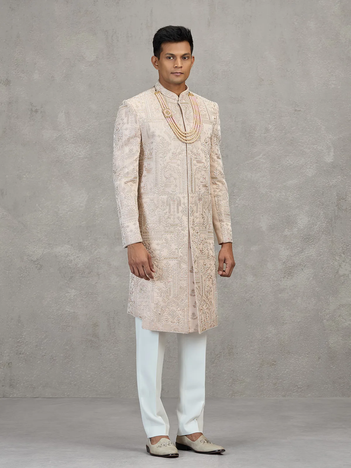 Light peach satin silk sherwani for men wedding wear