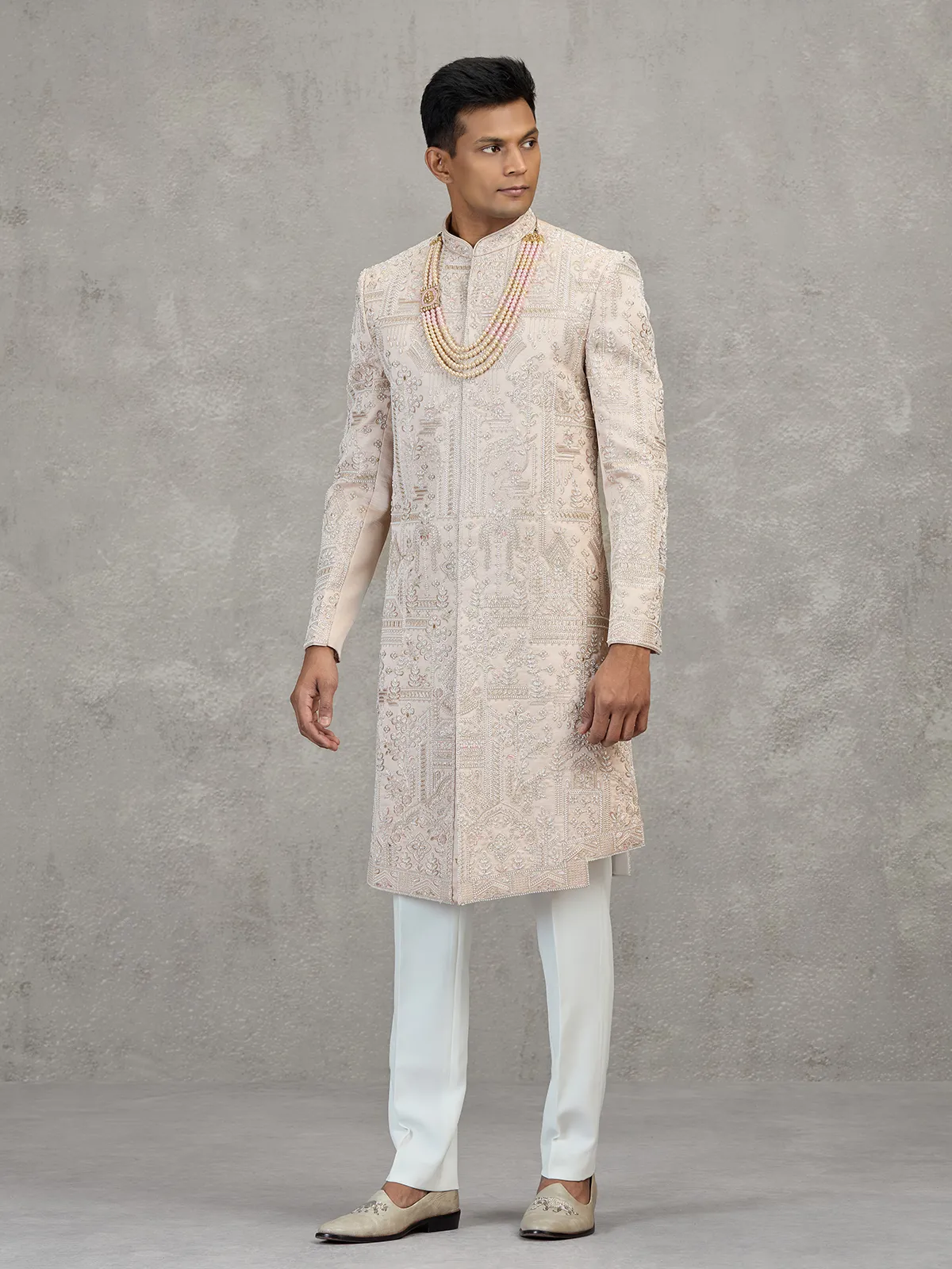Light peach satin silk sherwani for men wedding wear