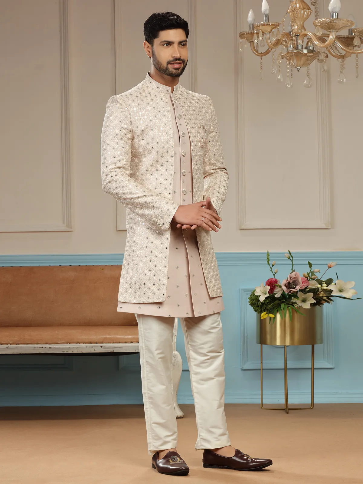 Light peach silk embroidery indowestern