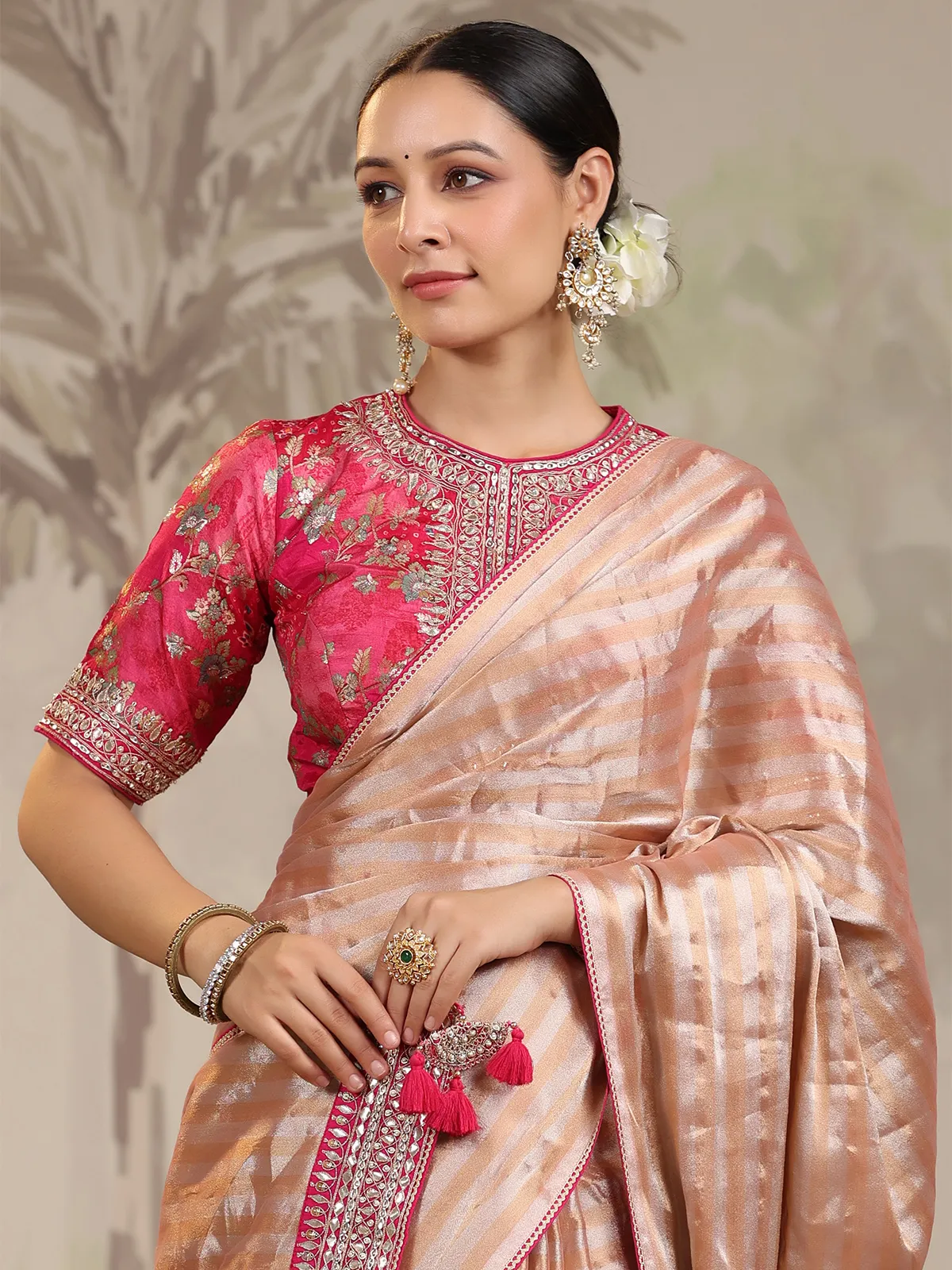 Light peach stripe silk saree