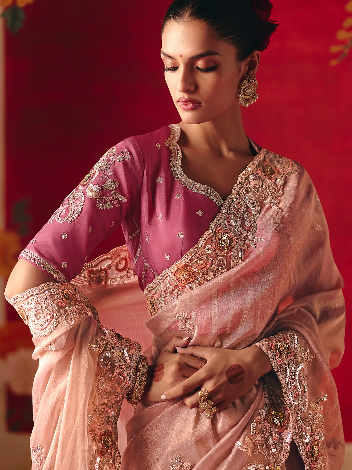 Light peach tissue organza embroidered work saree