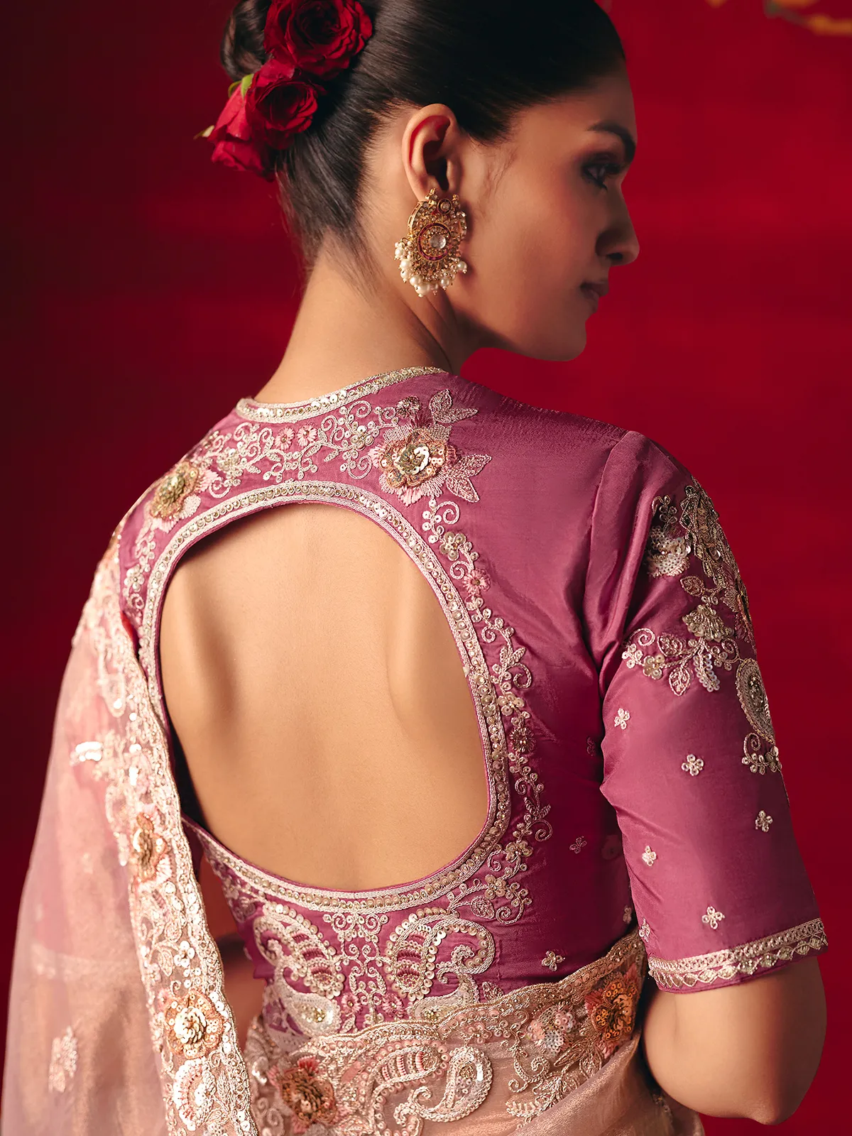 Light peach tissue organza embroidered work saree