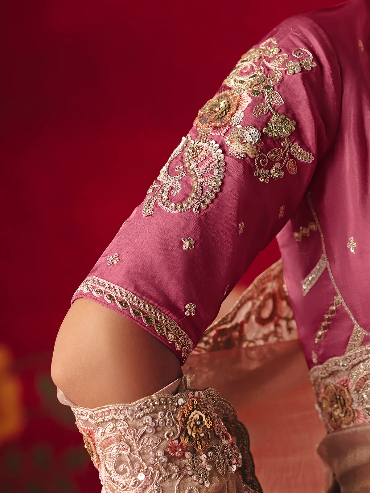 Light peach tissue organza embroidered work saree