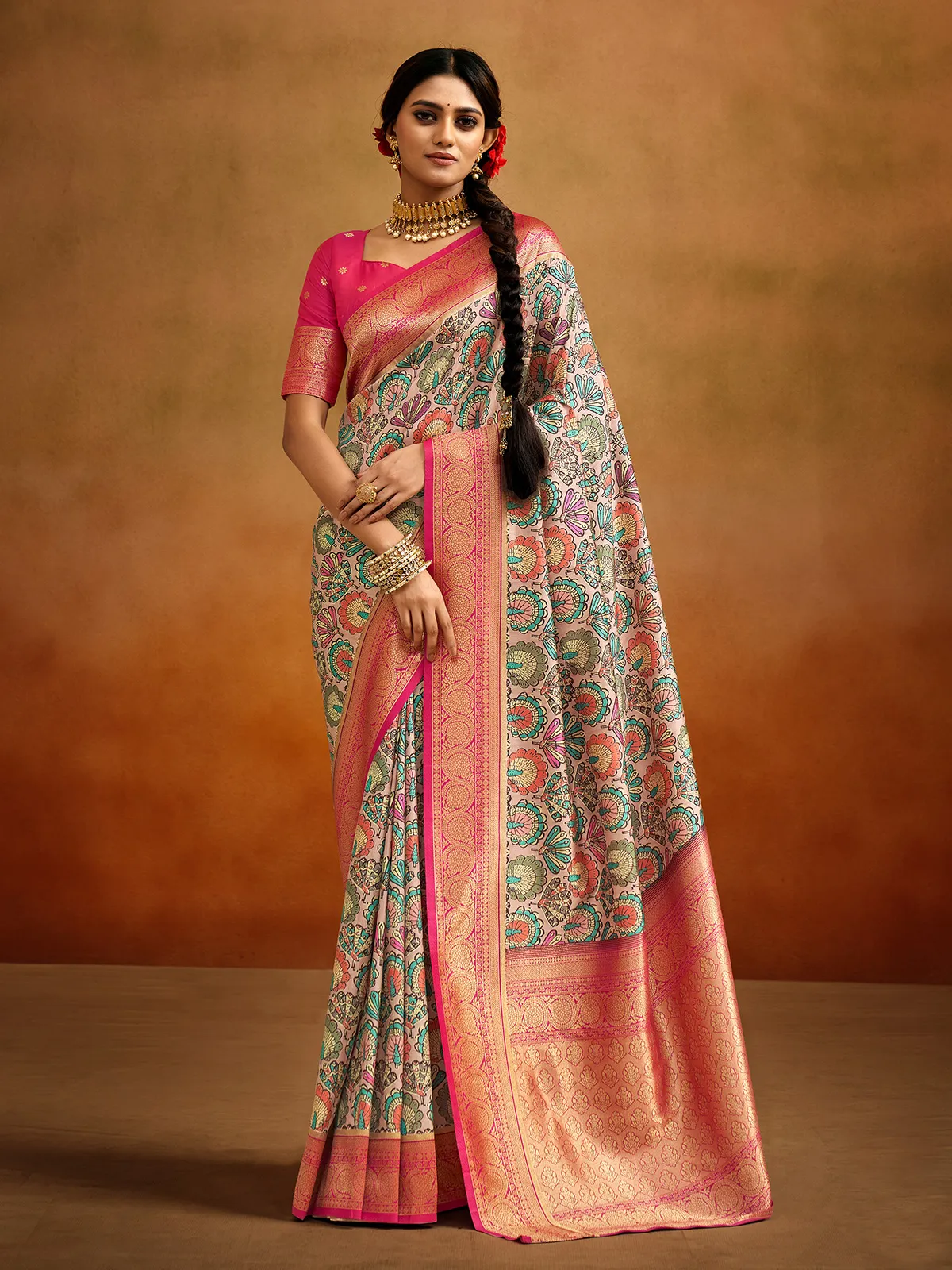 Light pink banarasi silk printed saree