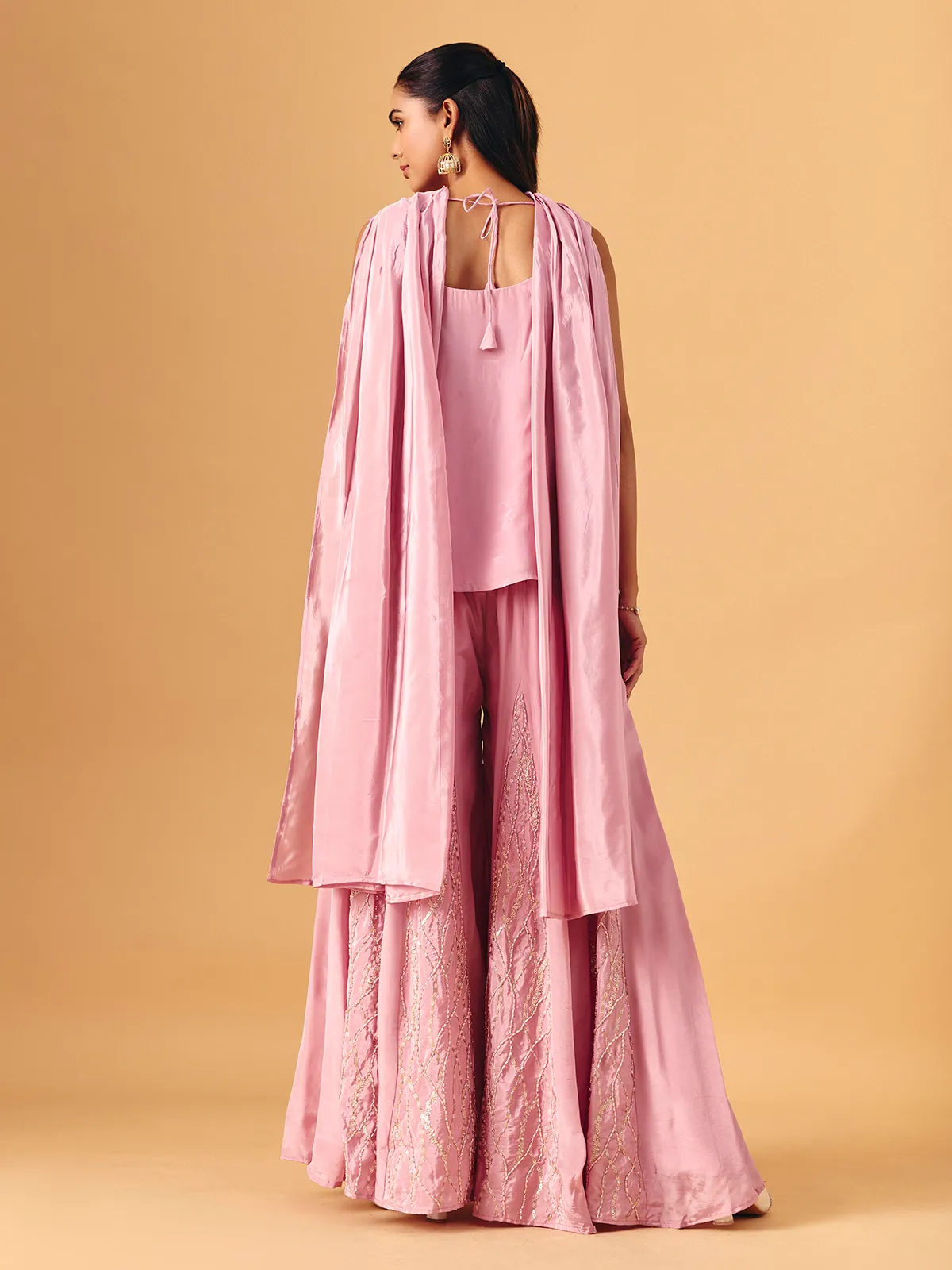 Light pink chinon silk palazzo suit with sequin work