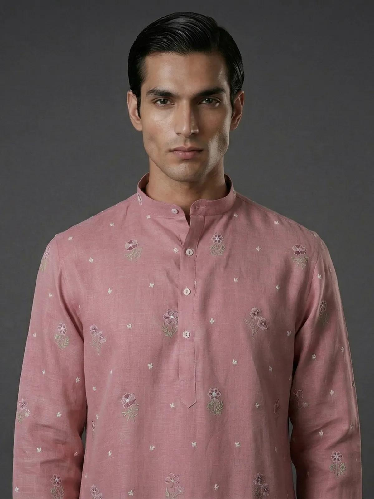 Light pink cotton linen thread work festive kurta