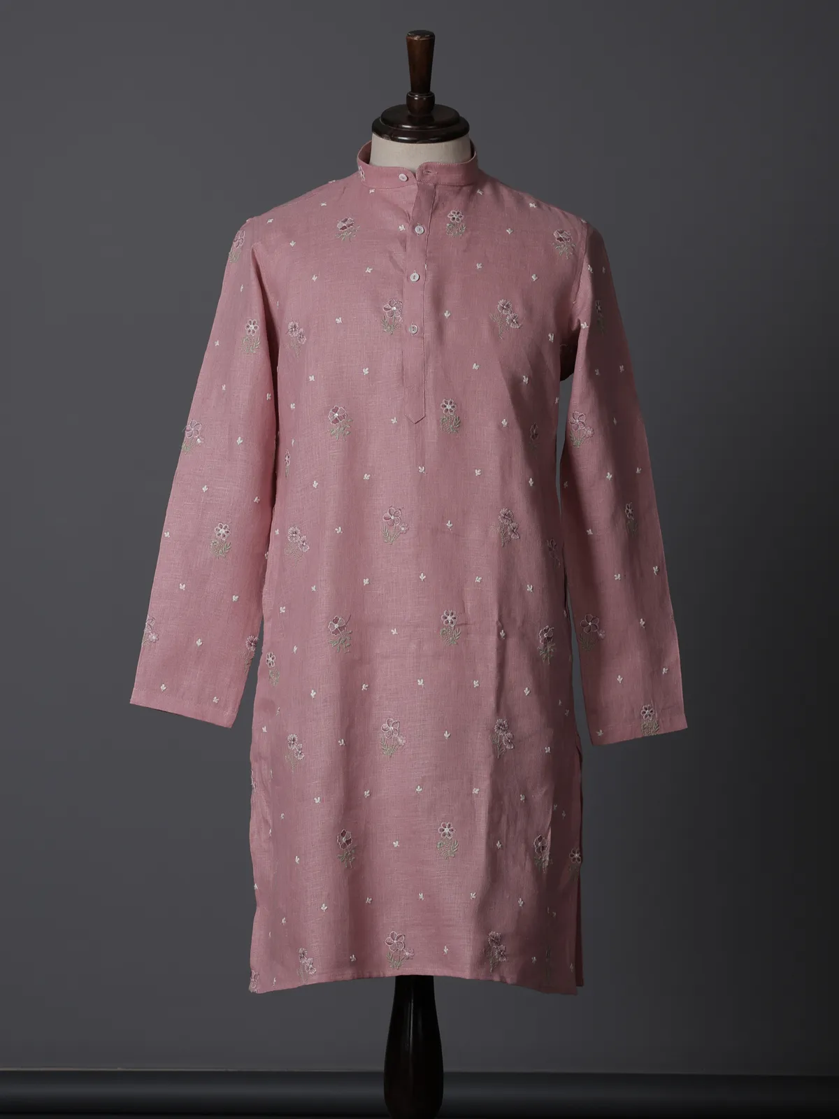 Light pink cotton linen thread work festive kurta