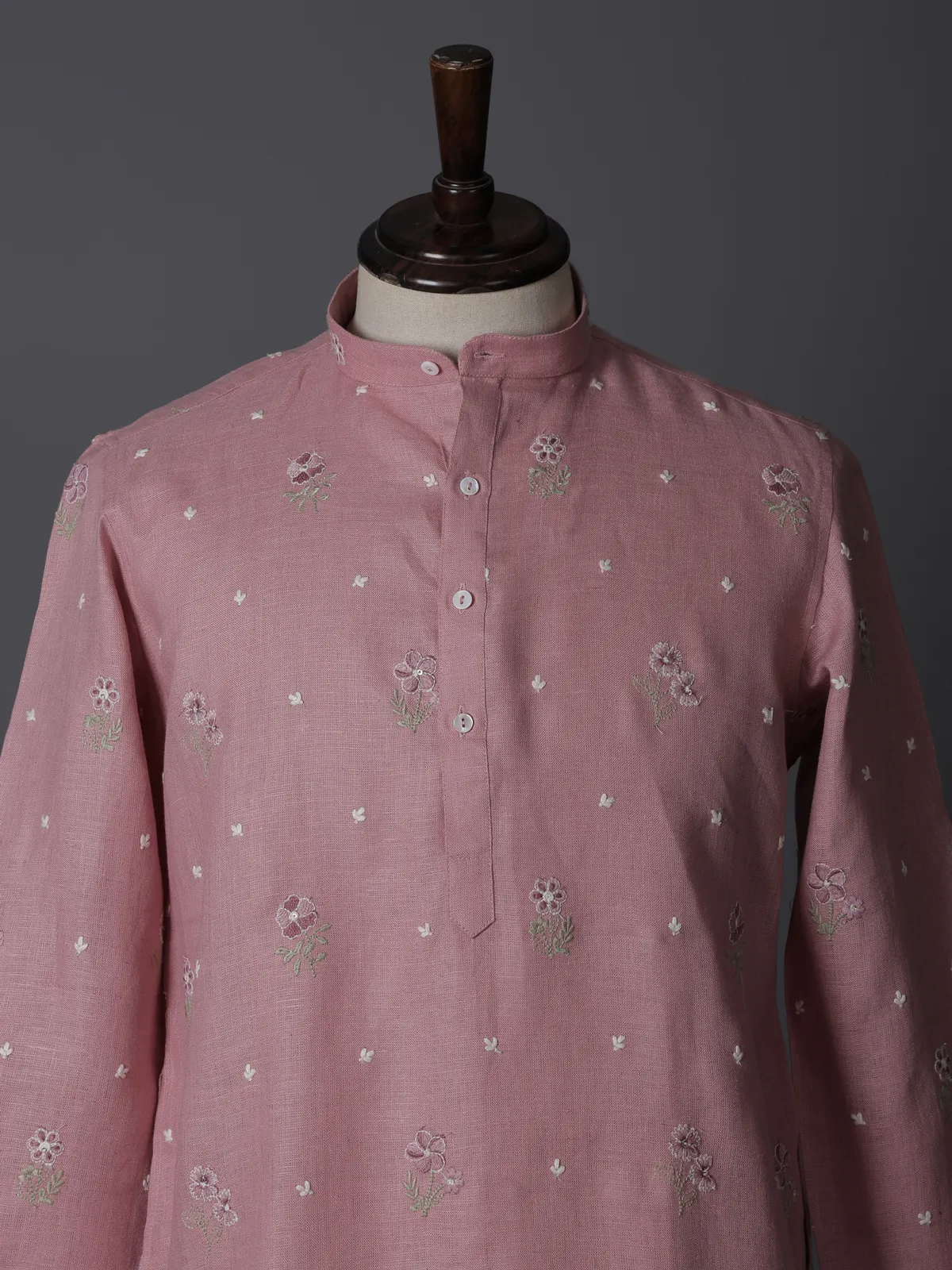 Light pink cotton linen thread work festive kurta