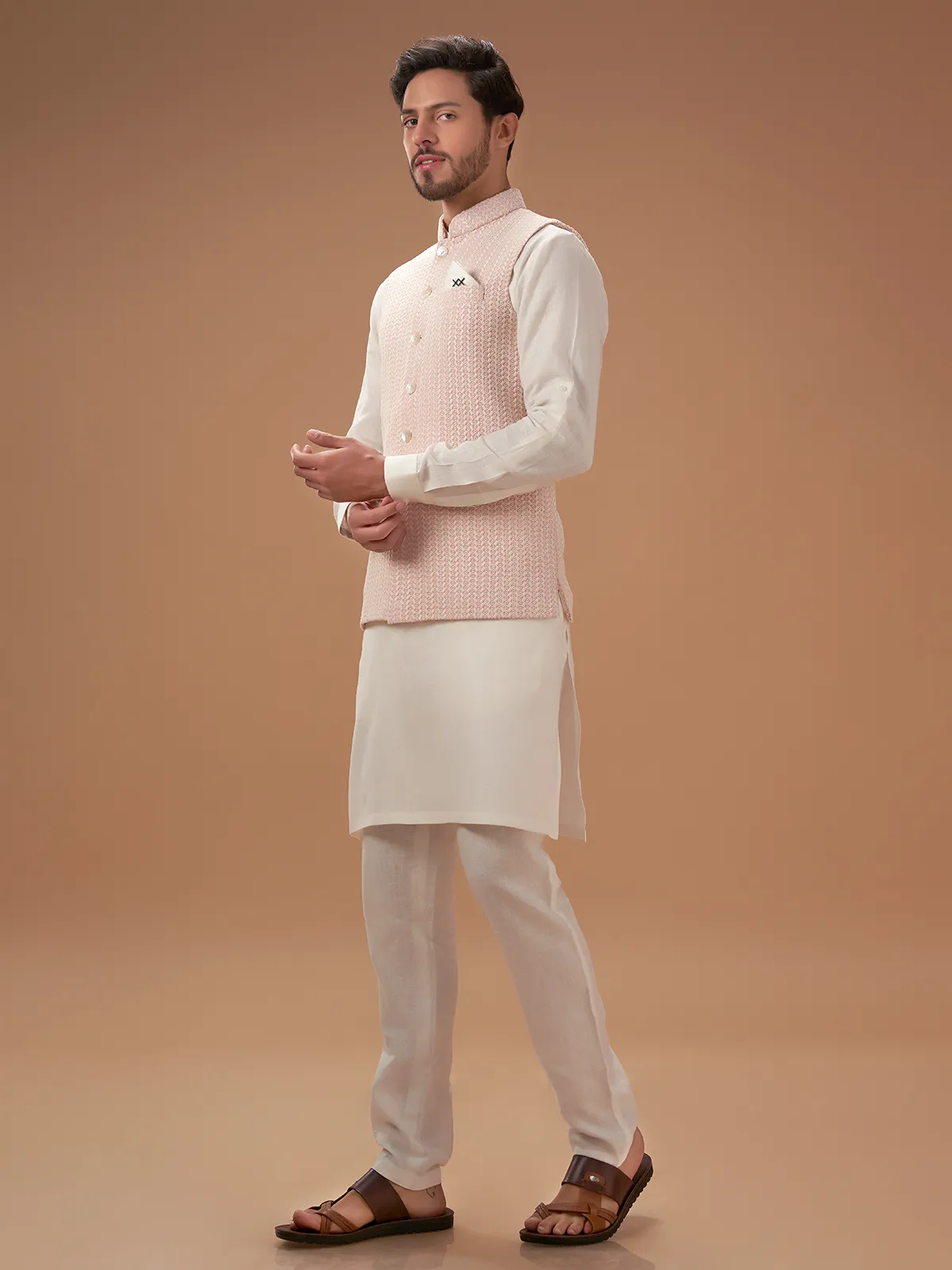 Light pink cotton lucknowi waistcoat set