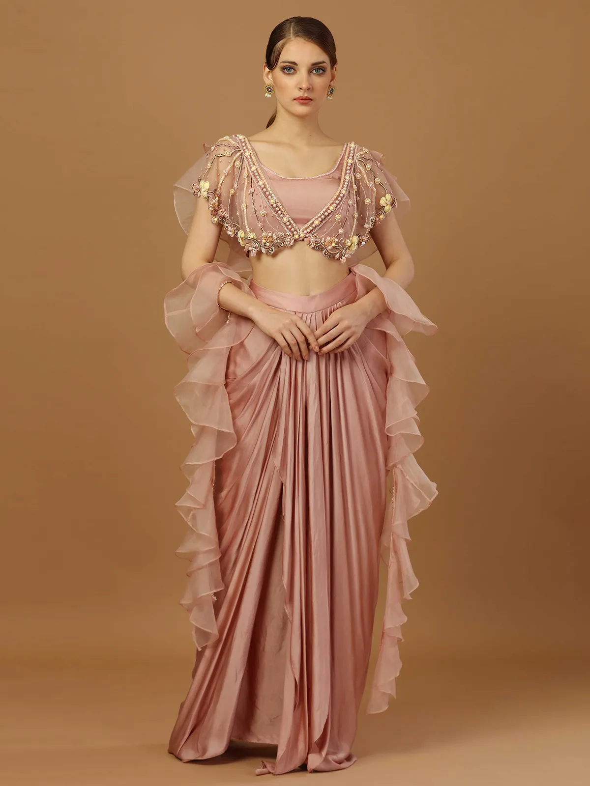 Light pink drape skirt with double layered choli